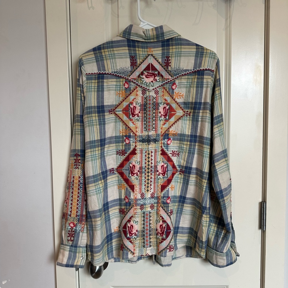 Johnny Was embroidered plaid shirt
